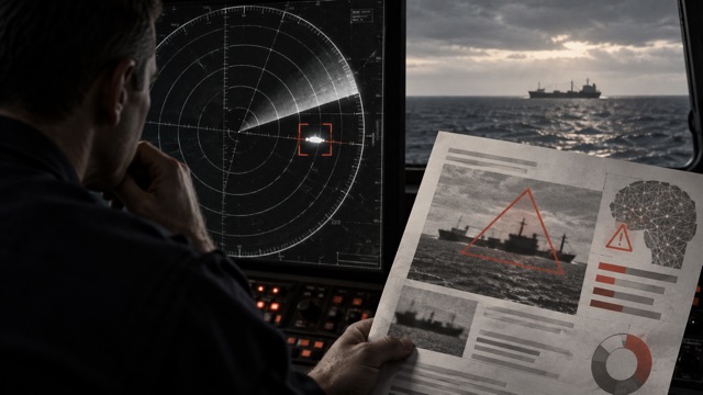 Watchdog illustration of a radar operator reviewing a questionable AI-generated vessel report